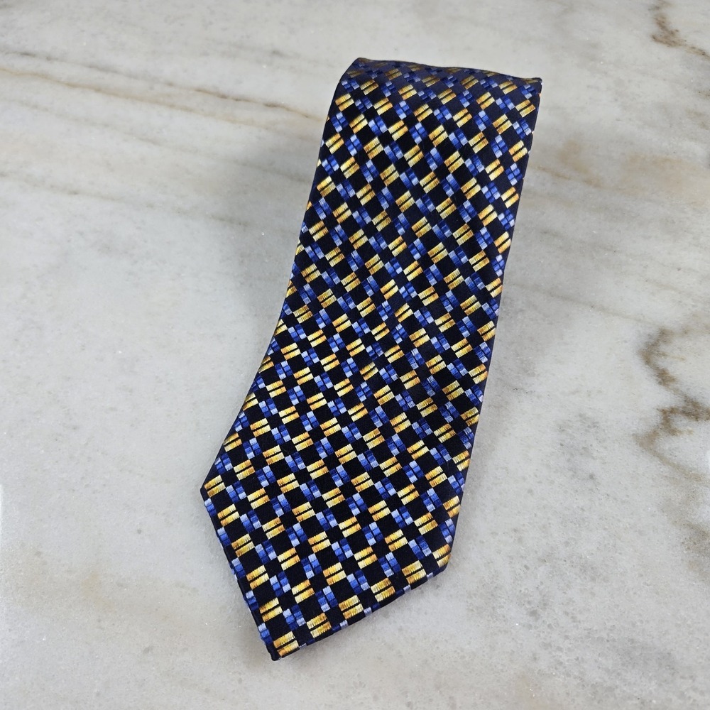 Allyn St. George Silk Tie Blue Gold Yellow Geometric Square Pattern Professional